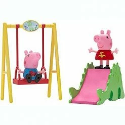 New 😉 Jazwares Peppa Pig Dino Park Playset, 4 Pieces - Includes Peppa & George Character Figures, Dinosaur Slide & Swing Set - Toy Gift for Kids - Ages 2+ 😀